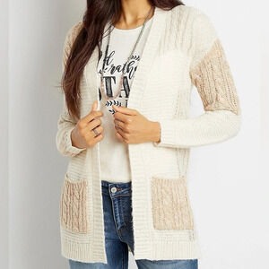 Maurices Cream & Tan Patchwork Cardigan Sweater Pocket Tight Knit Medium Women’s